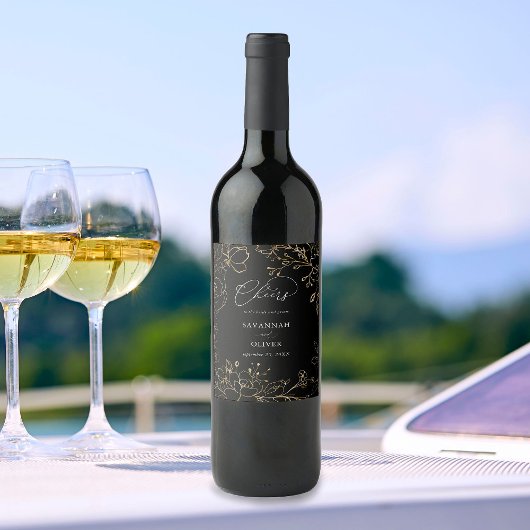 Gold Lined Floral Wedding - Black Weinetikett