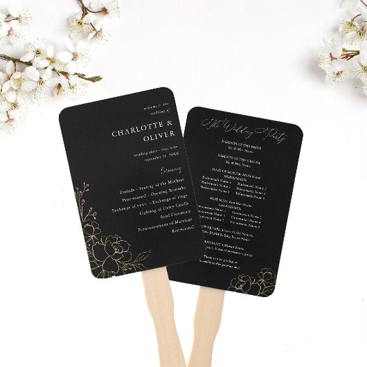 Gold Lined Floral Wedding Program - Black Fächer