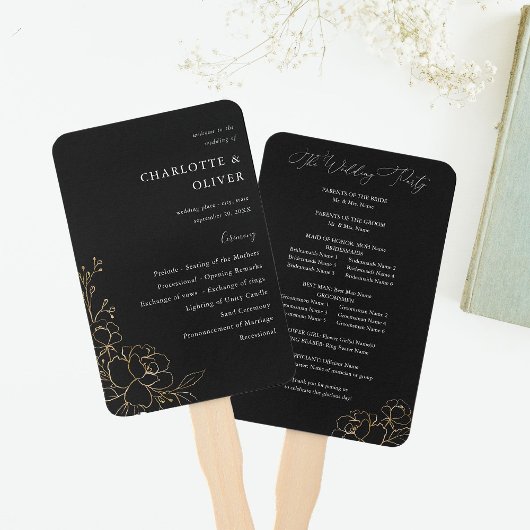 Gold Lined Floral Wedding Program - Black Fächer