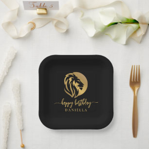 Gold Lion Leo Happy Birthday mit Namen Pappteller