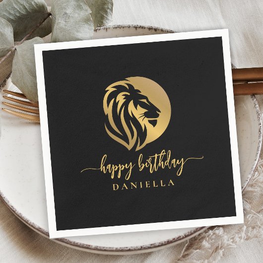 Gold Lion Leo Happy Birthday mit Namen Serviette