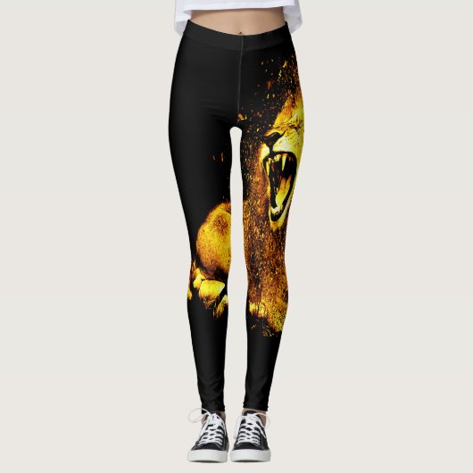 Gold Lion Roaring Print Leggings (Vorderseite)