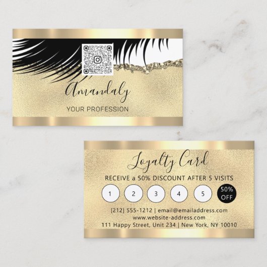 Gold Logo Qr Code 6 Punches 50% OFF Lashes Visitenkarte (Vorne/Hinten)