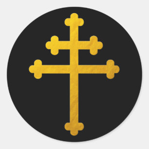 Gold Lorraine Cross auf Schwarz / Christliche Aufk Runder Aufkleber