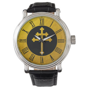 Gold Lorraine Cross auf Schwarz / Gold Christlich Armbanduhr