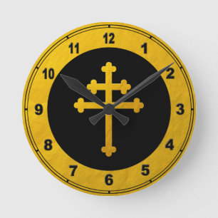 Gold Lorraine Cross on Black /golden Christian Runde Wanduhr