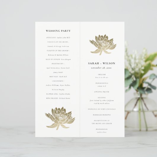 Gold Lotus Floral Foldable Large Wedding Programm (Stehend Vorderseite)