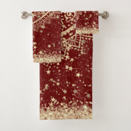 Gold Lotus Mandala mit Gold Stars auf Rot Badhandtuch Set
