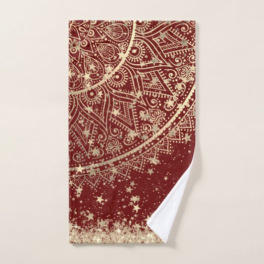 Gold Lotus Mandala mit Gold Stars auf Rot Badhandtuch Set (Handtuch)
