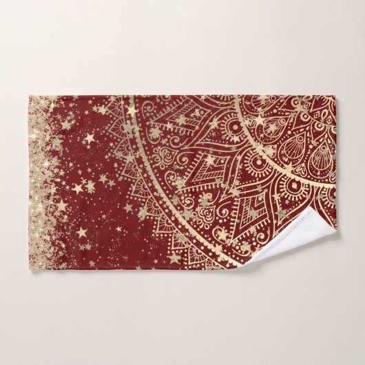Gold Lotus Mandala mit Gold Stars auf Rot Badhandtuch Set (Handtuch)
