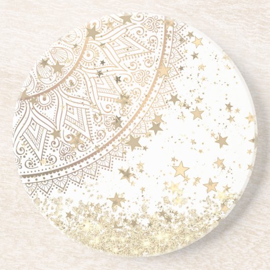 Gold Lotus Mandala mit Gold Stars auf Weiß Getränkeuntersetzer (Vorne)