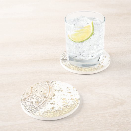 Gold Lotus Mandala mit Gold Stars auf Weiß Getränkeuntersetzer (Seite)