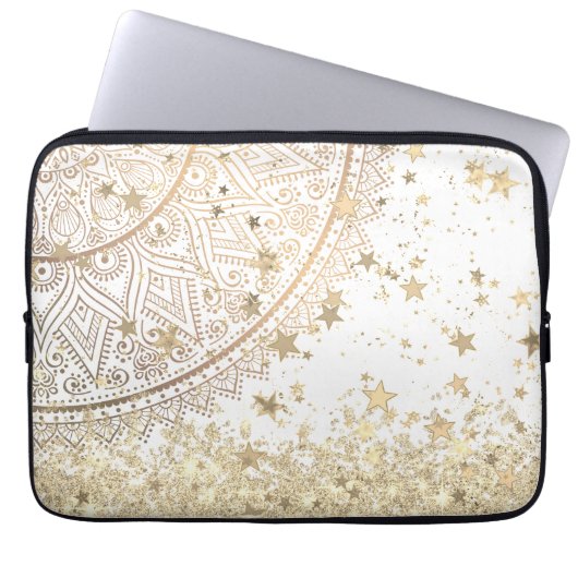 Gold Lotus Mandala mit Gold Stars auf Weiß Laptopschutzhülle (Vorderseite)