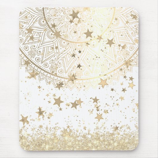 Gold Lotus Mandala mit Gold Stars auf Weiß Mousepad (Vorne)