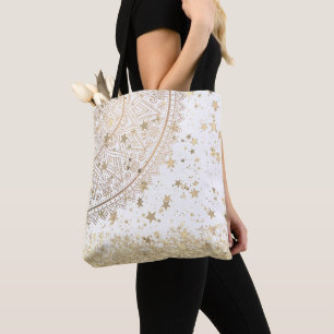 Gold Lotus Mandala mit Gold Stars auf Weiß Tasche