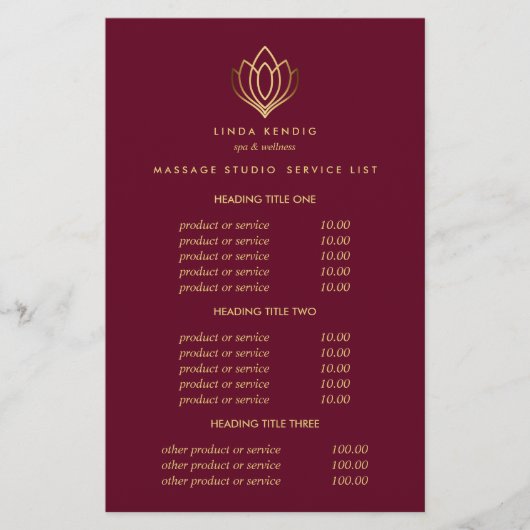 Gold Lotus Ruby Wellness-Center & Massage Preise & Flyer (Vorne)