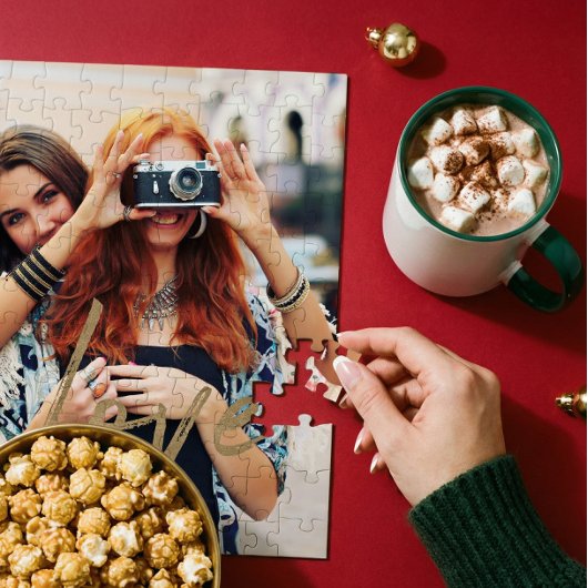 Gold Love Brush Script Overlay Couple Photo Memory Puzzle