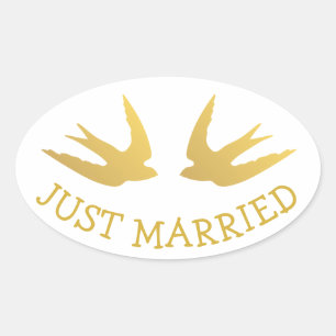 Gold Lovebirds Just Married Wedding Liebe Doves Ovaler Aufkleber