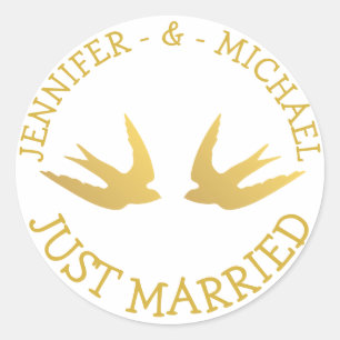 Gold Lovebirds Just Married Wedding Liebe Doves Runder Aufkleber