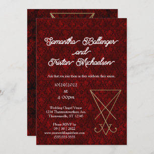 Gold Lucifer Sigil auf Red Damask Satanic Wedding Einladung