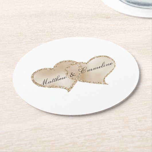 Gold Luxe Glitzer Glitz Hearts Wedding Runder Pappuntersetzer (Angewinkelt)
