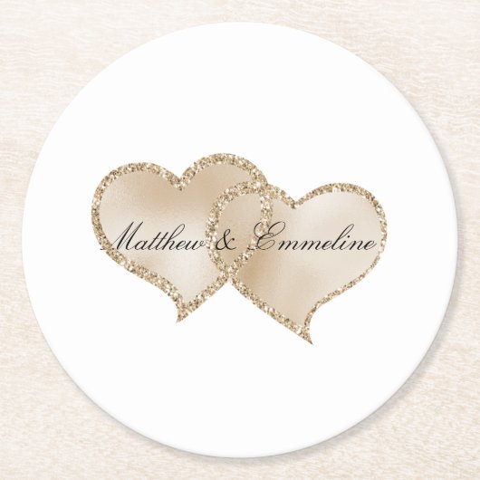 Gold Luxe Glitzer Glitz Hearts Wedding Runder Pappuntersetzer (Vorderseite)