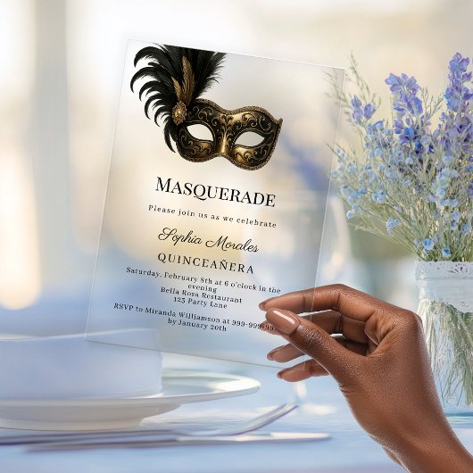 Gold luxury Masquerade Quinceanera Acryleinladungen