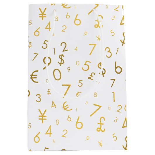 Gold Luxury Numbers & Currency Symbols Muster Mittlere Geschenktüte (Vorderseite)