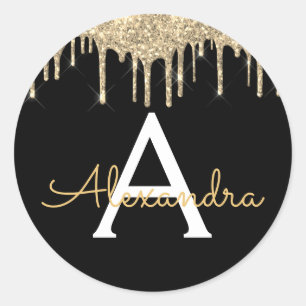 Gold Luxus Glitzer Glam Monogram Name Runder Aufkleber