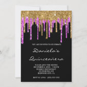 Gold Magenta Glitzer Tropfen Black Quinceañera Einladung (Vorderseite)