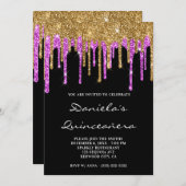 Gold Magenta Glitzer Tropfen Black Quinceañera Einladung (Vorne/Hinten)