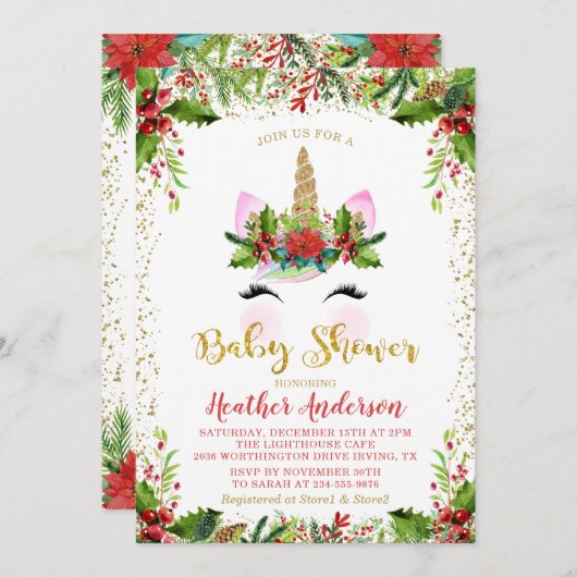 Gold Magical Christmas Unicorn Kinderdusche Einladung (Vorne/Hinten)