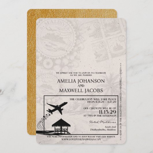 Gold Maldives Pass Einladung zur Hochzeit (Vorne/Hinten)
