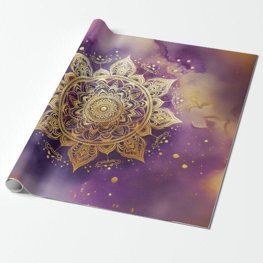 Gold Mandala auf der Lila Aquarellfarben-Decoupage Geschenkpapier (Ungerollt)