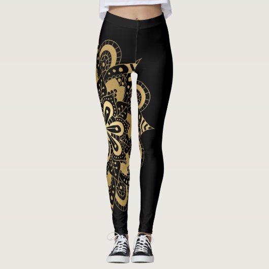 Gold Mandala Black Boho Leggings (Vorderseite)