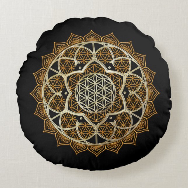 Gold Mandala Blume Lebensmeditation Pillow Rundes Kissen (Vorderseite)