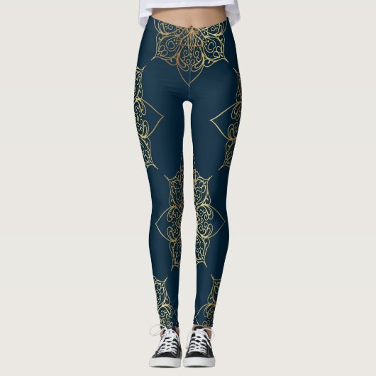 Gold Mandala Damask Muster Leggings (Vorderseite)