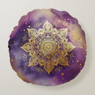 Gold Mandala für Lila Wasserfarbe Rundes Kissen