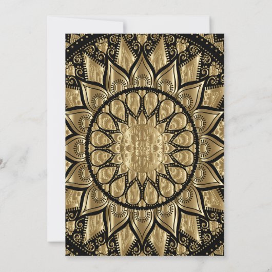 Gold Mandala im Schwarzen Hintergrund Hochzeit Einladung (Rückseite)
