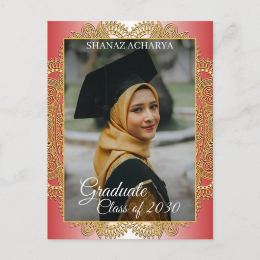 Gold Mandala On Red Abschluss Ankündigung Postkarte (Vorderseite)