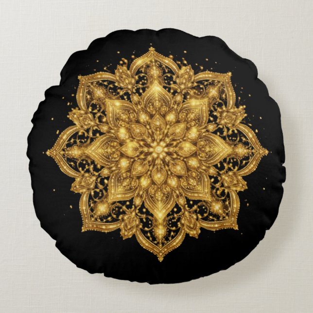 Gold Mandala Pillow Luxury Decorative Throw  Rundes Kissen (Vorderseite)