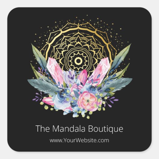 Gold Mandala Pink Crystals Psychisches Spirituelle Quadratischer Aufkleber (Vorderseite)