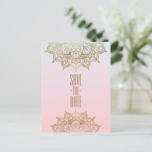 Gold Mandala Pink Peach Elegante Chic Save the Dat Ankündigungspostkarte (Stehend Vorderseite)