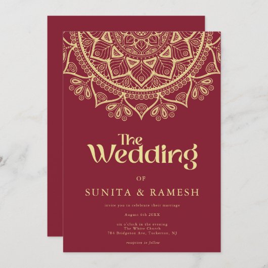 Gold Mandala Traditionelle Hochzeit in Rot-Indien Einladung (Vorne/Hinten)