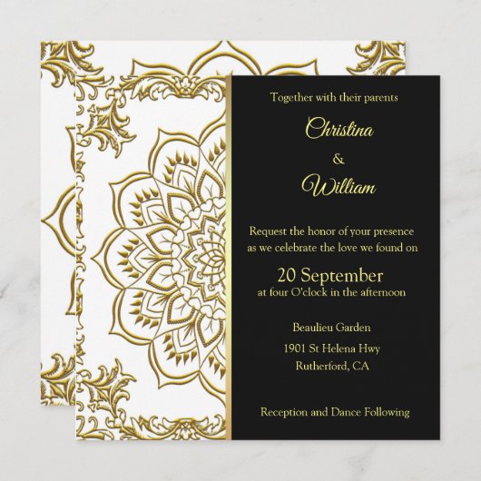 Gold Mandala und Black Wedding Einladung (Vorne/Hinten)