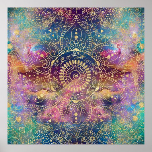 Gold Mandala Watercolor Farbennebel Poster (Vorne)