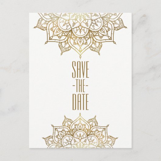 Gold Mandala & White Elegante Chic Save the Date Ankündigungspostkarte (Vorderseite)