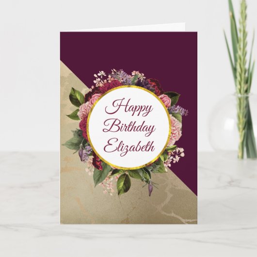 Gold Marble Pattern and Burgundy Floral Birthday Karte (Vorderseite)