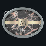 Gold-Marmor-Box, Name & Monogramm Ovale Gürtelschnalle<br><div class="desc">Personalisieren Sie Ihren Namen in weißer Schrift und schwarzer Monogramm auf Gold Box über Schwarz und Rose Gold Marmor. Klicken Sie auf "Bearbeiten mit dem Entwurfstool",  um die Farben zu ändern und Stile einzugeben.</div>