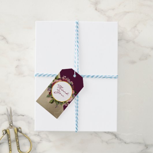 Gold Marmor Muster und Burgund Florals Vielen Dank Geschenkanhänger (Mit Garn)